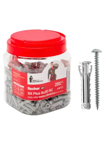 Confezione Fischer con 200 tasselli SX6 con vite e 1 punta 00570207