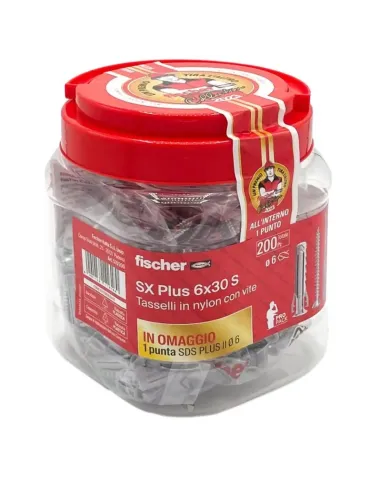 Fischer nylon SX6 S dowel jar 200 pieces and 6 mm tip 00570206