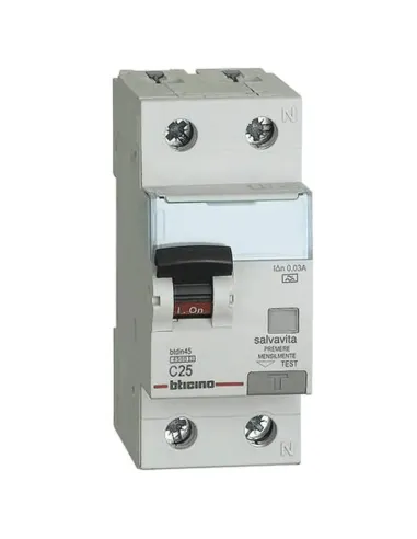 Bticino 1P+N 25A 30mA type A 4.5kA residual current circuit breaker 2 modules GA8813A25