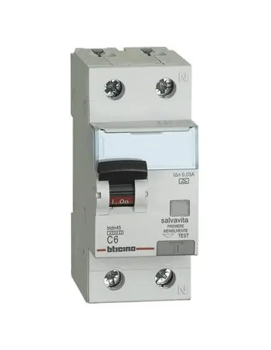 Interruttore magnetotermico differenziale Bticino 1P+N 6A 30mA tipo A 4,5kA 2 moduli GA8813A6