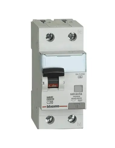 Interruttore Bticino magnetotermico differenziale 1P+N 20A 300mA tipo AC 6kA 2 moduli GN8814AC20