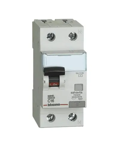 Interruttore Bticino magnetotermico differenziale 1P+N 16A 300mA tipo AC 6kA 2 moduli GN8814AC16