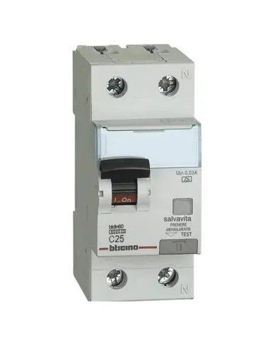 Interruttore Bticino magnetotermico differenziale 1P+N 25A 300mA tipo AC 6kA 2 moduli GN8814AC25