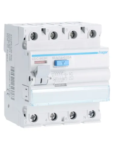 Interruttore differenziale Hager 4P 63A 30MA AC 4 moduli CDC463H