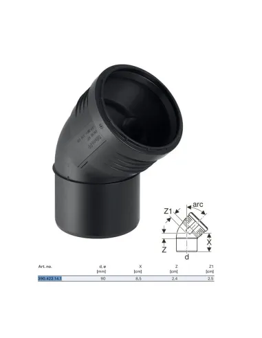 Built-in curve Geberit SILENT-PP a 45° ø90 mm 390.422.14.1